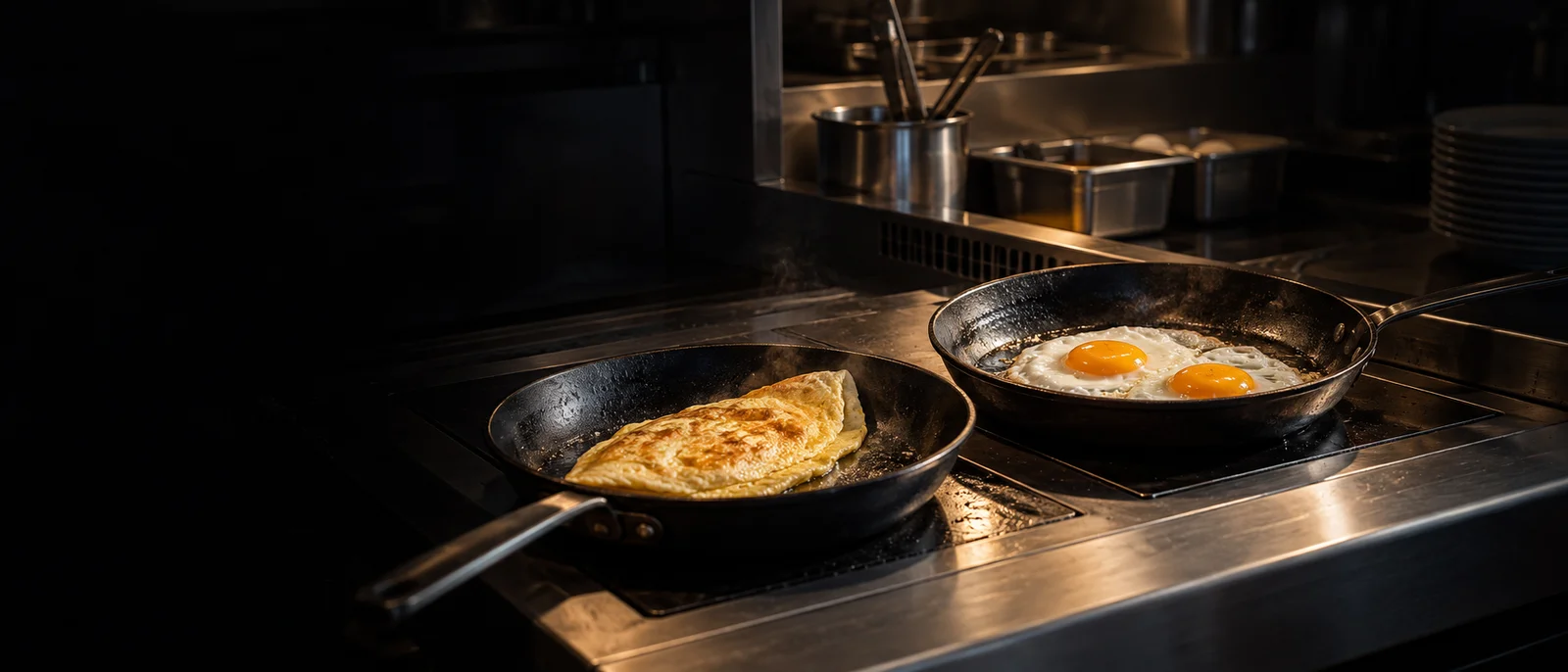 Omelette and fried eggs cooking at a breakfast station.