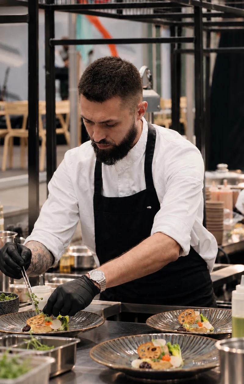 Chef Petre in a white jacket and black gloves, finishing plates with tweezers.