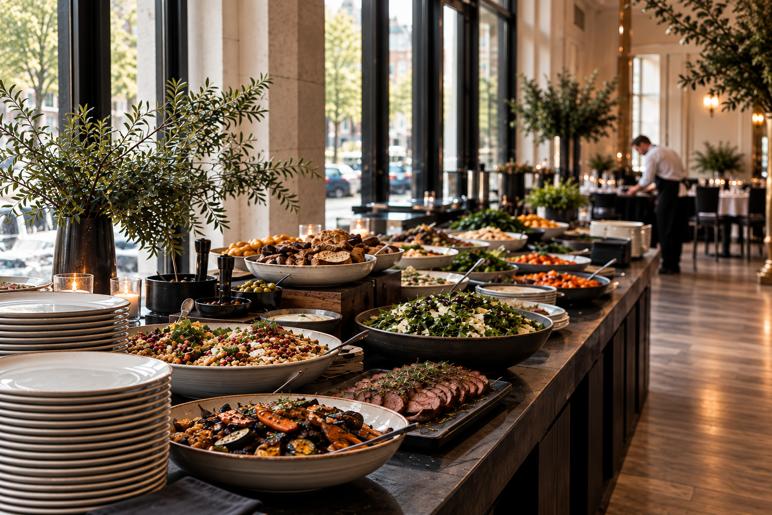 A prepared buffet with salads, roasted vegetables, meat and serving plates