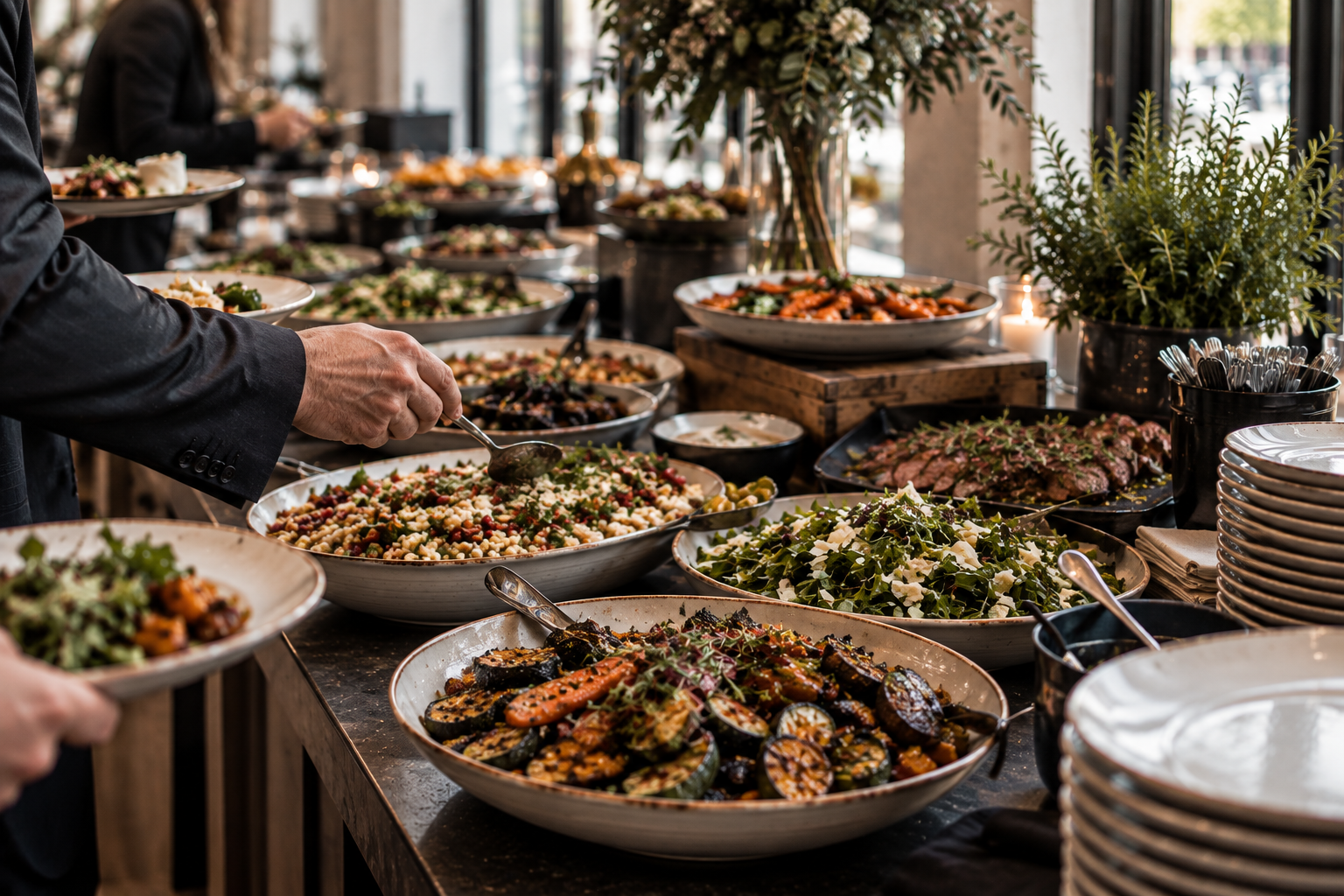 Guests serving themselves from a buffet of salads and prepared dishes