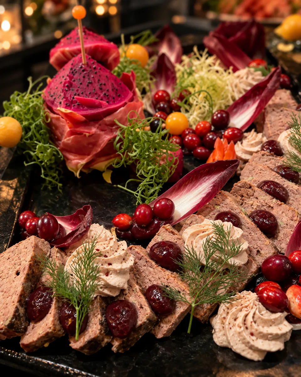 A buffet platter with pâté, fruit and garnishes