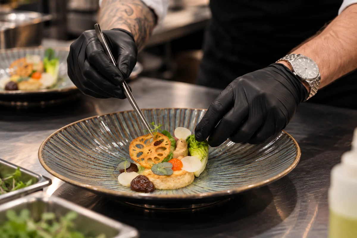 Close-up of Chef Petre plating a dish