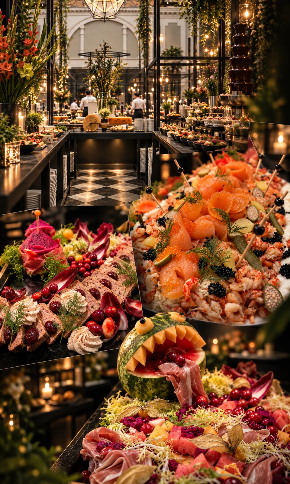 A merged composition of an illuminated event buffet and close-up serving platters.