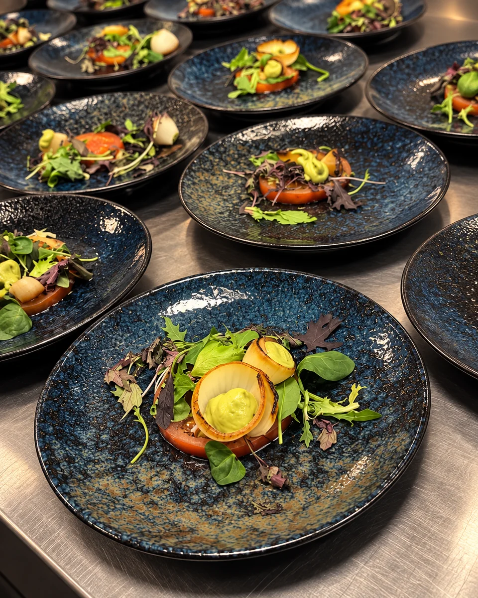 Rows of blue plates arranged with colourful vegetables and avocado.