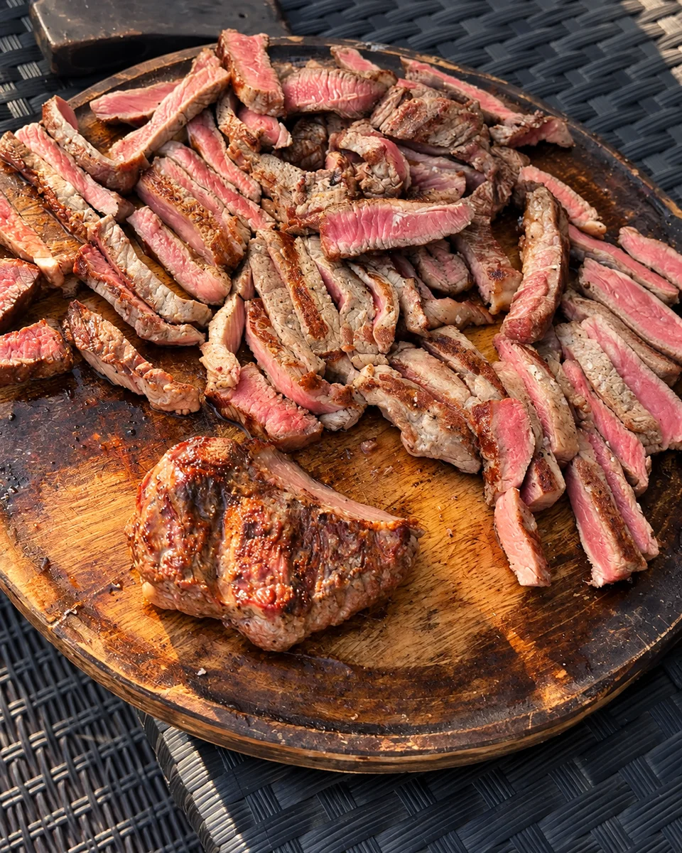 Sliced grilled beef resting on a wooden board above a grill.