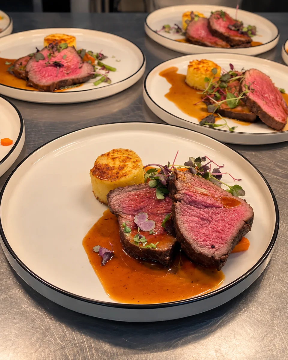 Multiple plates of sliced beef with sauce and a potato garnish.