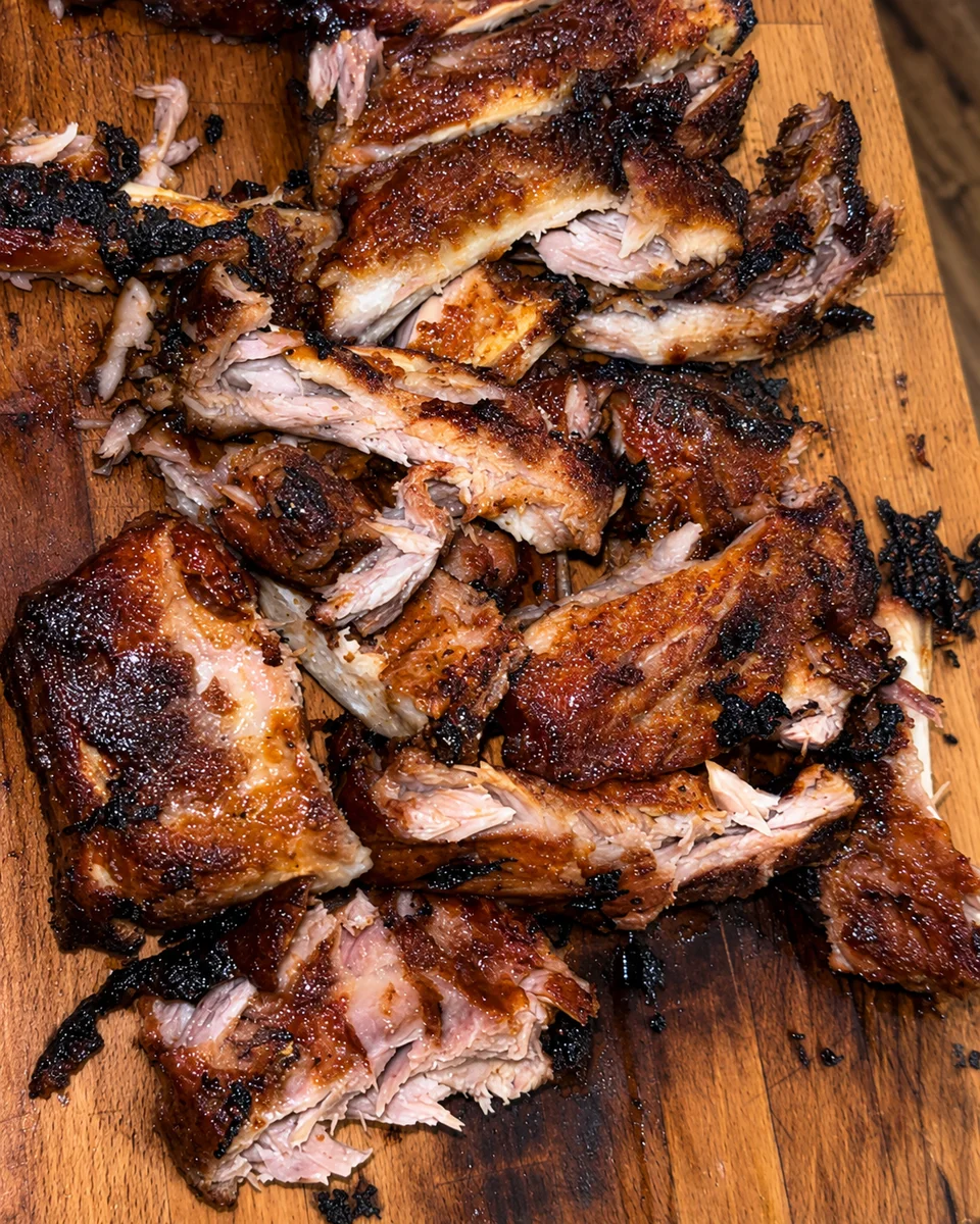 Pieces of charred roasted meat arranged on a wooden board.