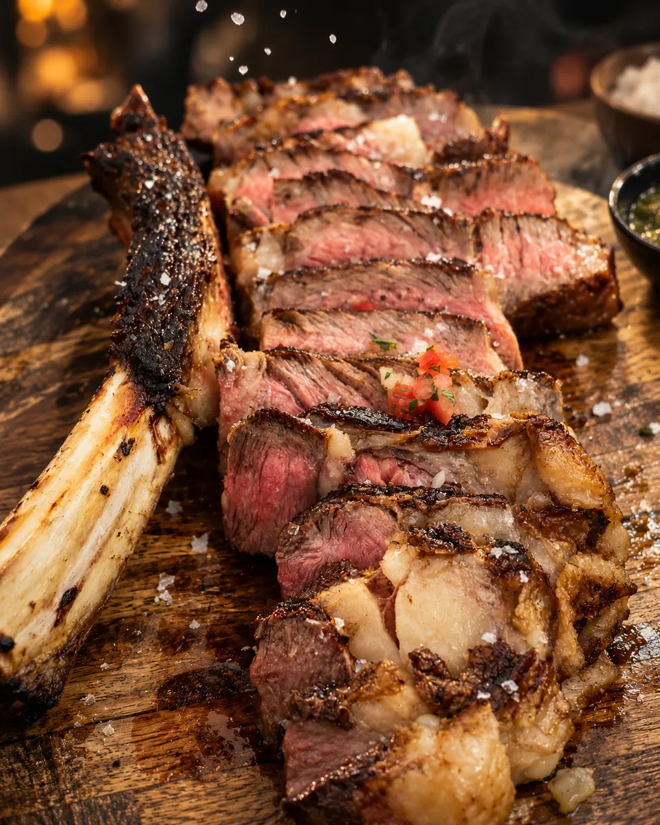 Sliced grilled meat on a wooden serving board.